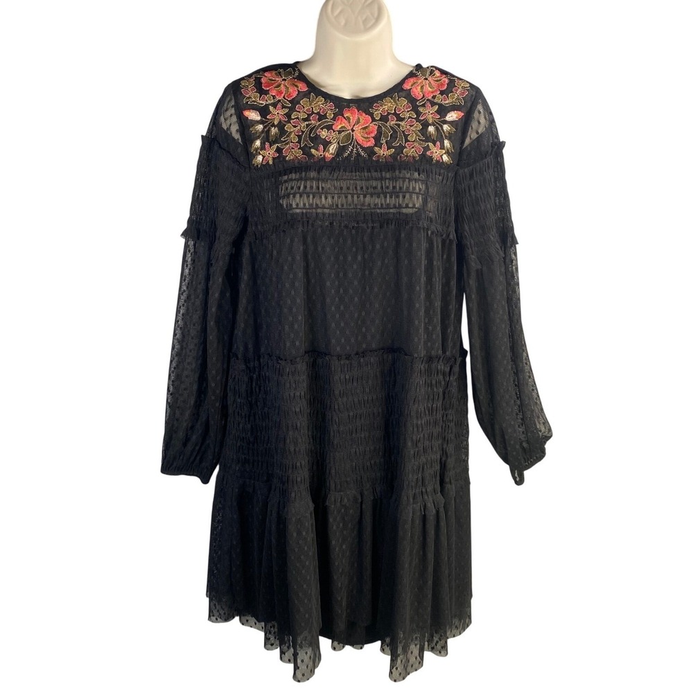 Maeve Mini Dress Small Embroidered Mesh Tiered Boho Cottage Whimsigoth Romantic